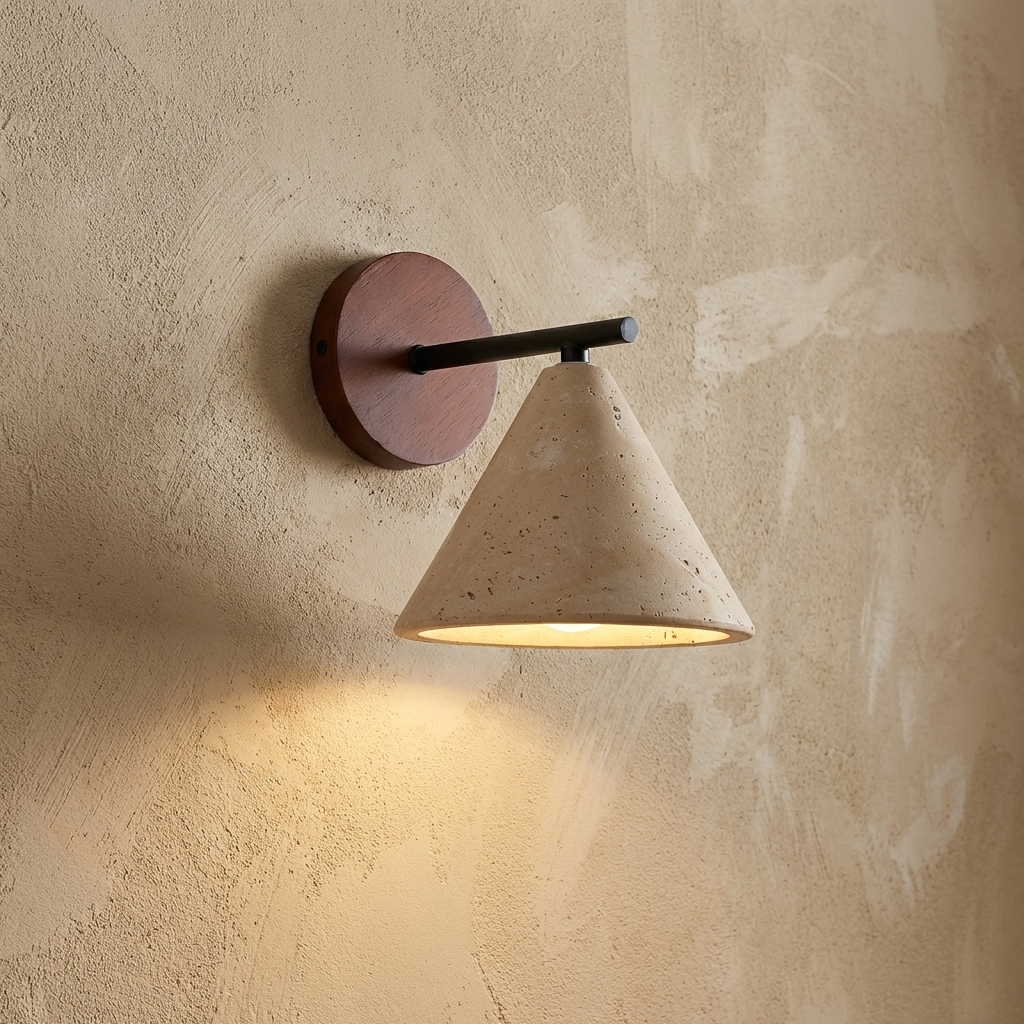 Travertin Wandleuchte Kegelform, Naturstein Design Wabi Sabi