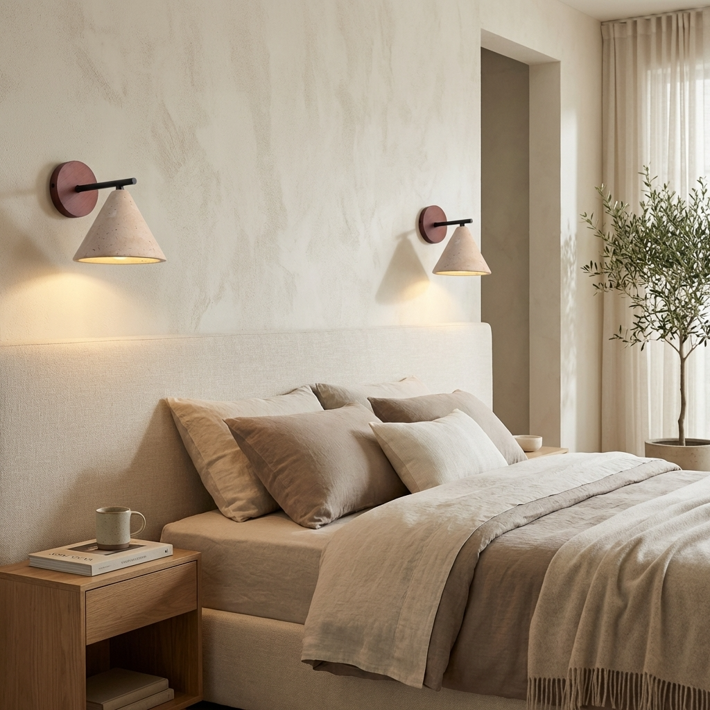 Travertin Wandleuchte Kegelform, Naturstein Design Wabi Sabi