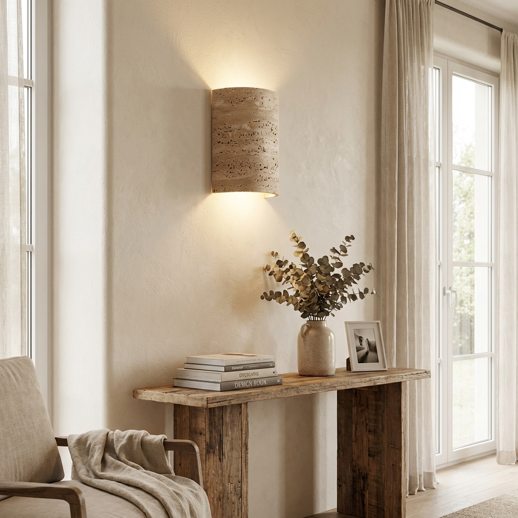 Wandleuchte Travertin Naturstein, Geschwungenes Design Warmweiß Indirekt