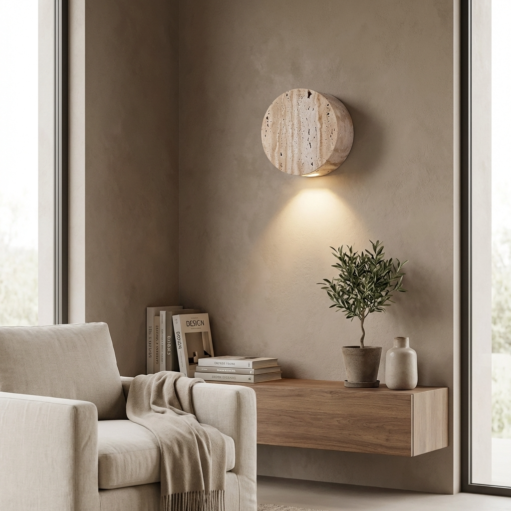 Naturtravertin Rund-Wandleuchte mit Downlight