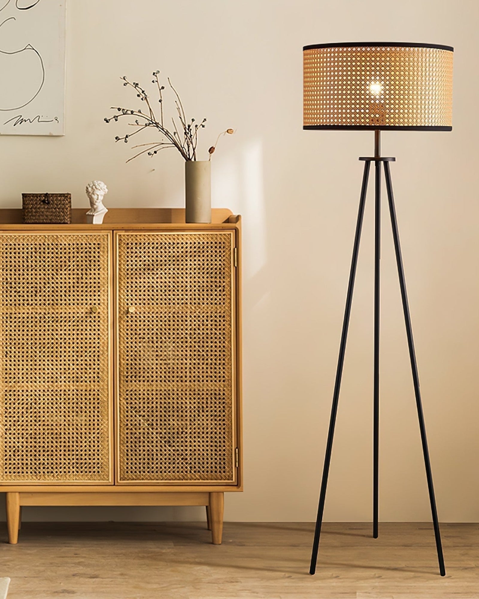 Rattan Stehlampe Dreibein, Moderne Stehleuchte Natur