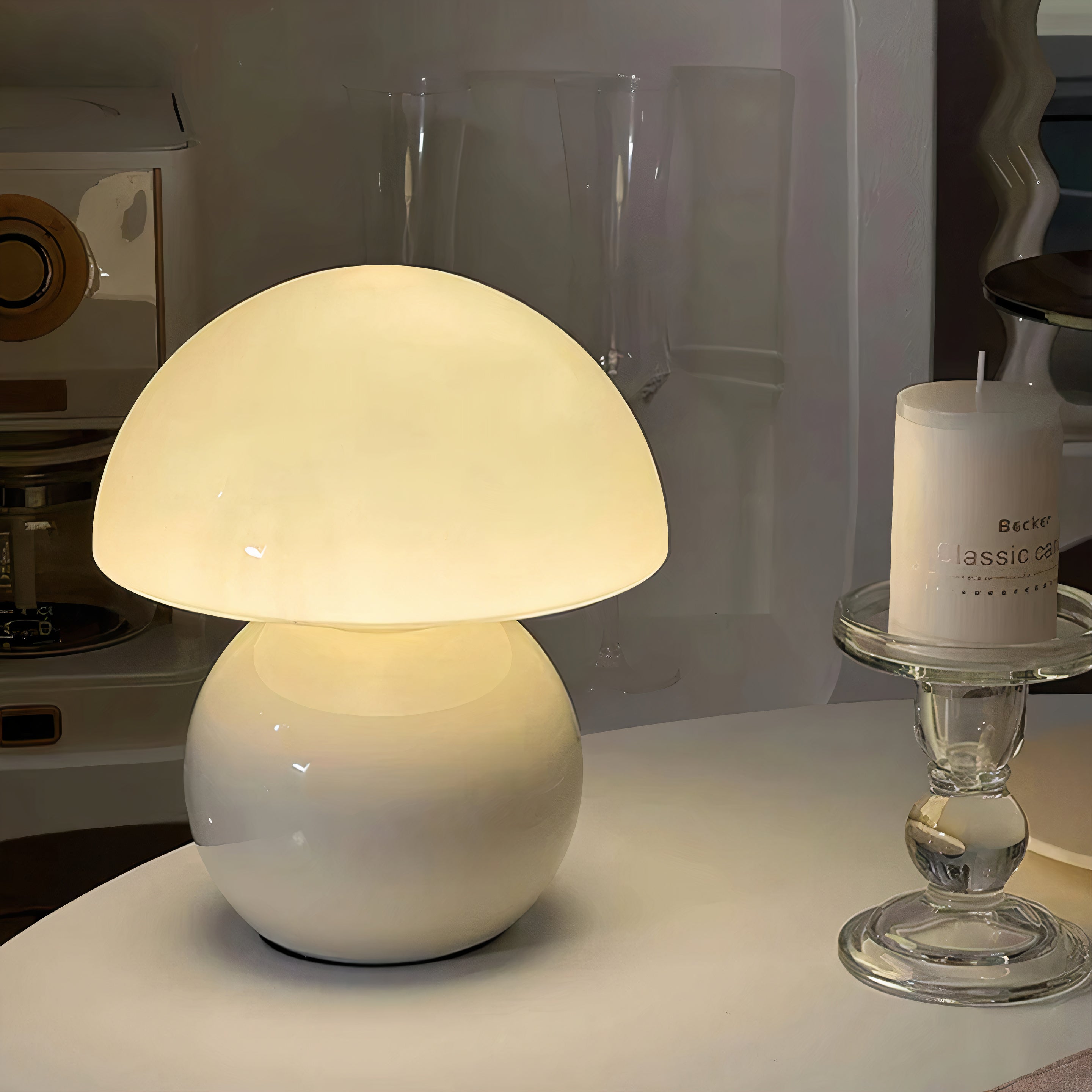Pilz Tischlampe Glas, Retro Tischleuchte modern