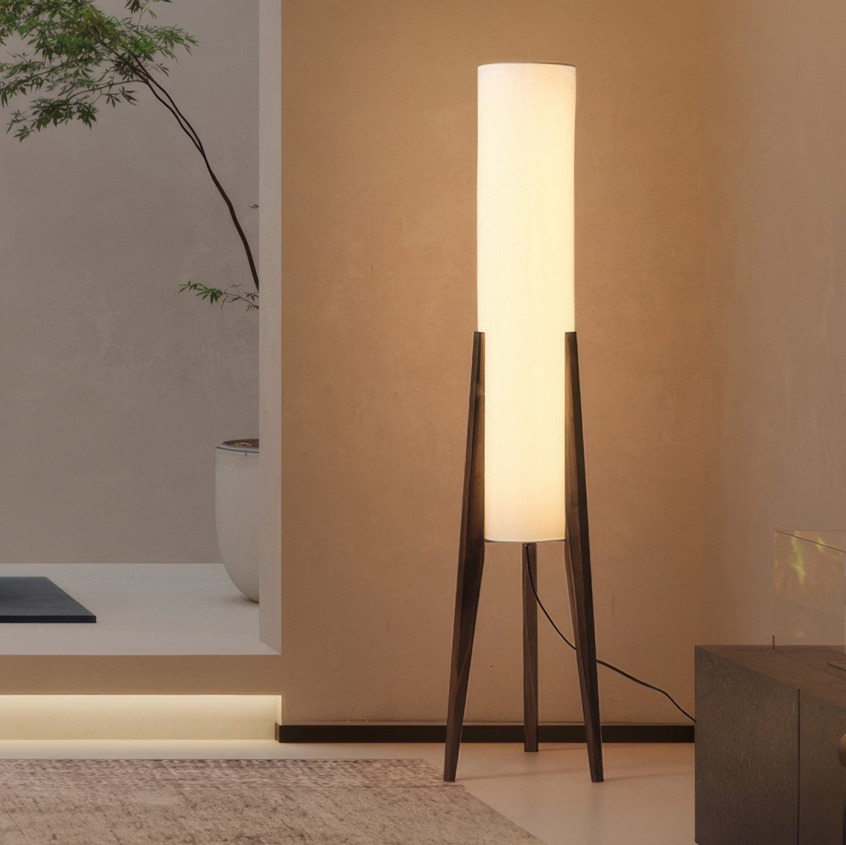 Walnuss Stehlampe Massivholz, Holz Stehlampe mit Stoffschirm