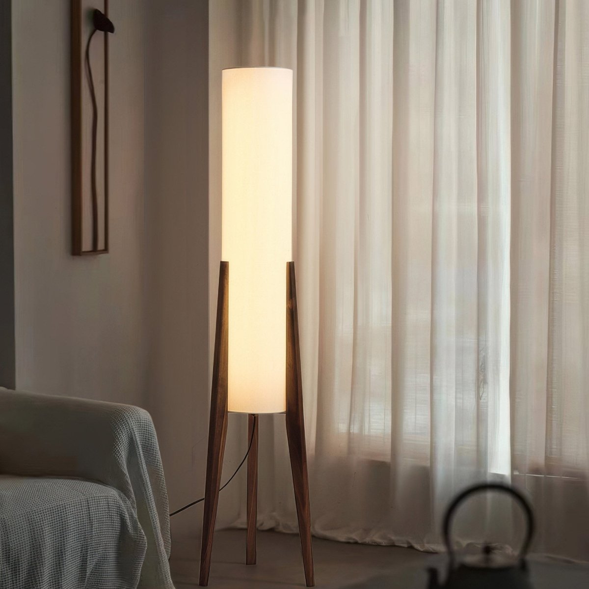 Walnuss Stehlampe Massivholz, Holz Stehlampe mit Stoffschirm