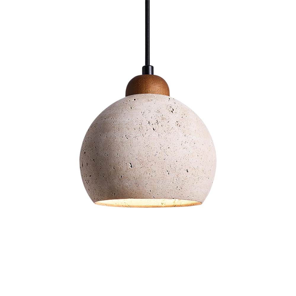 Travertin Pendelleuchte Rund Ø20 cm, Naturstein mit Holz Dimmbar