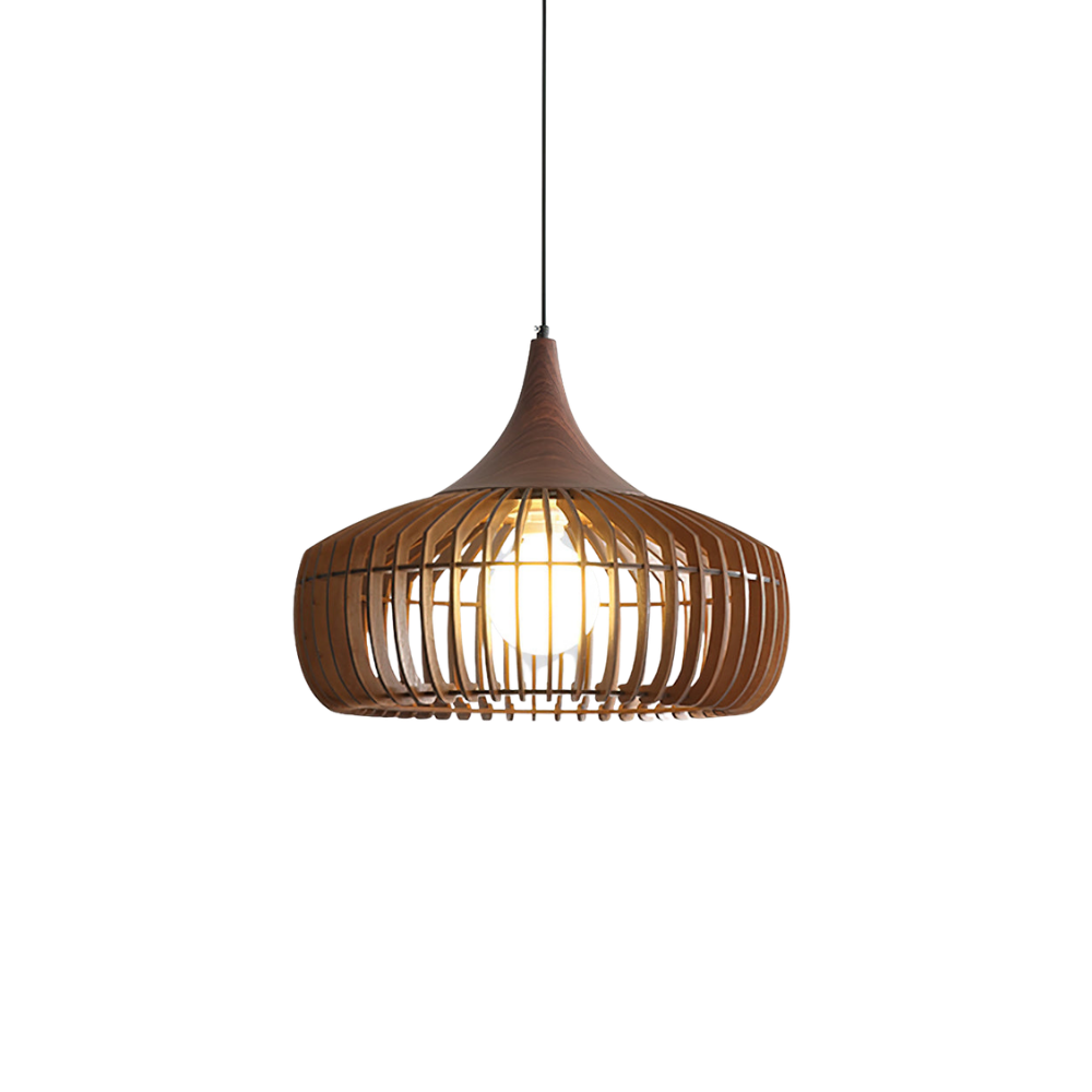 Holz Pendelleuchte Walnuss, Rundes Vintage Design, Dimmbar E27