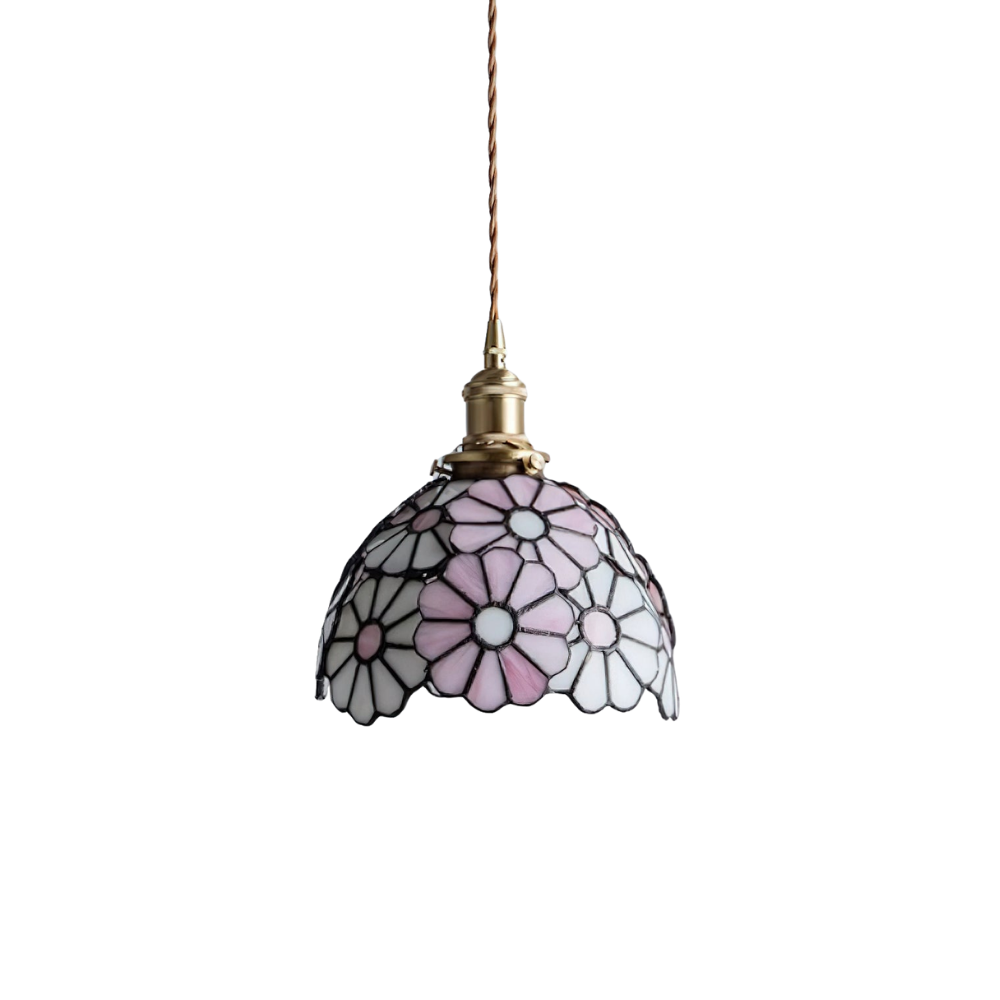 Buntglas Pendelleuchte Blumenform, Handgefertigt aus Messing, Vintage Dimmbar