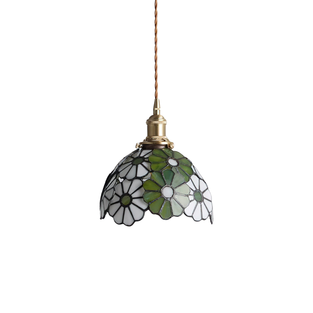 Buntglas Pendelleuchte Blumenform, Handgefertigt aus Messing, Vintage Dimmbar