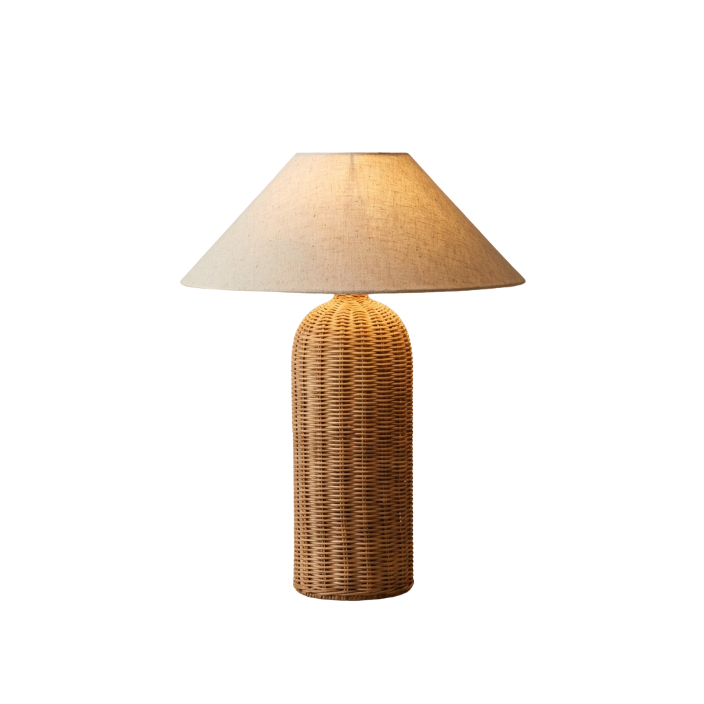 Rattan Tischlampe Handgefertigt, Wabi Sabi Design mit Stoffschirm E27
