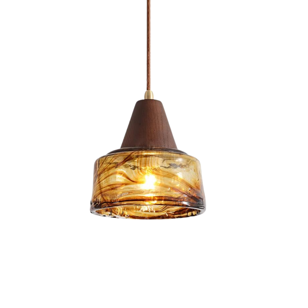 Murano Glas Pendelleuchte Amber Ø35 cm, Vintage Dimmbar mit Messing & Holz