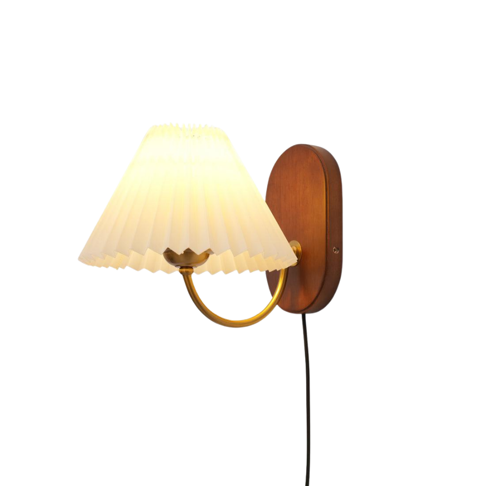 Wandleuchte Stoff Plissee Eschenholz, Vintage Dimmbar Plug In E27