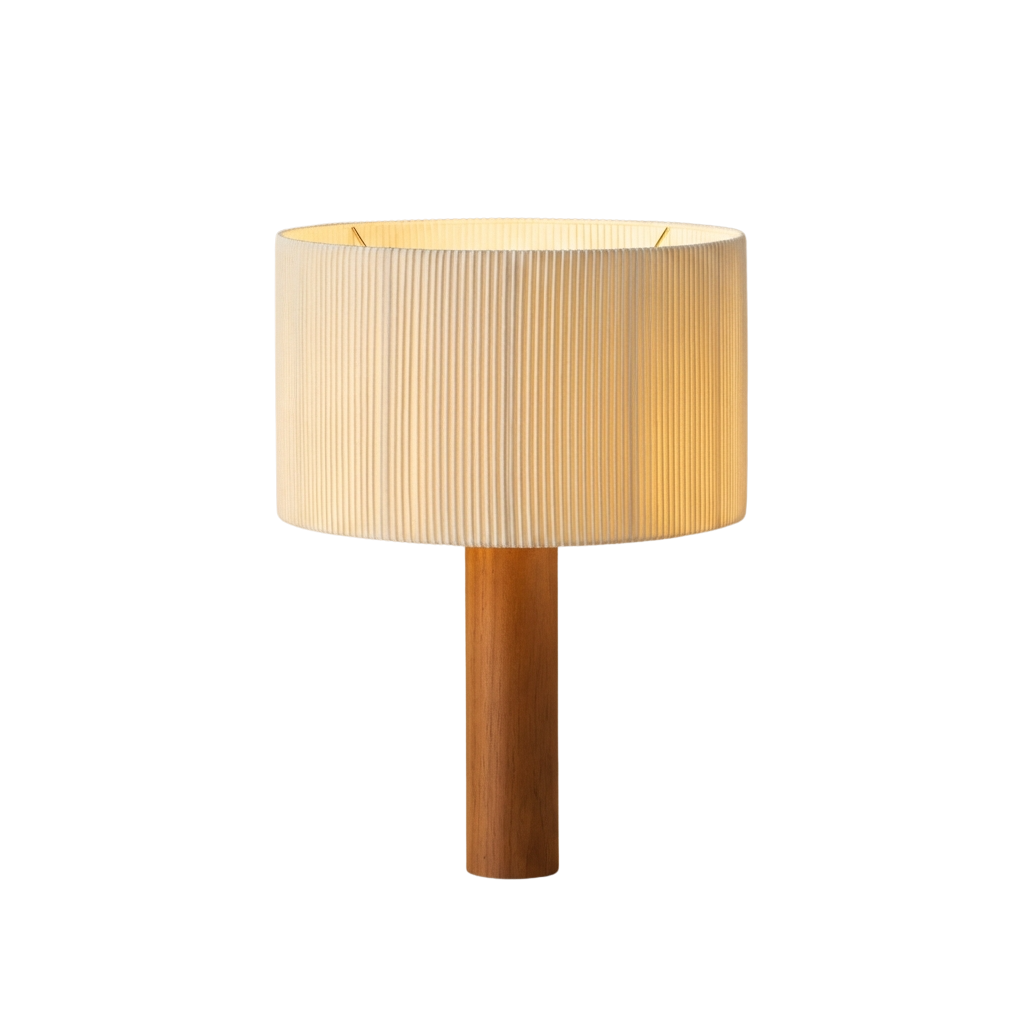 Wabi Sabi Tischlampe Massivholz, Japandi Design Stoffschirm Warmweiß