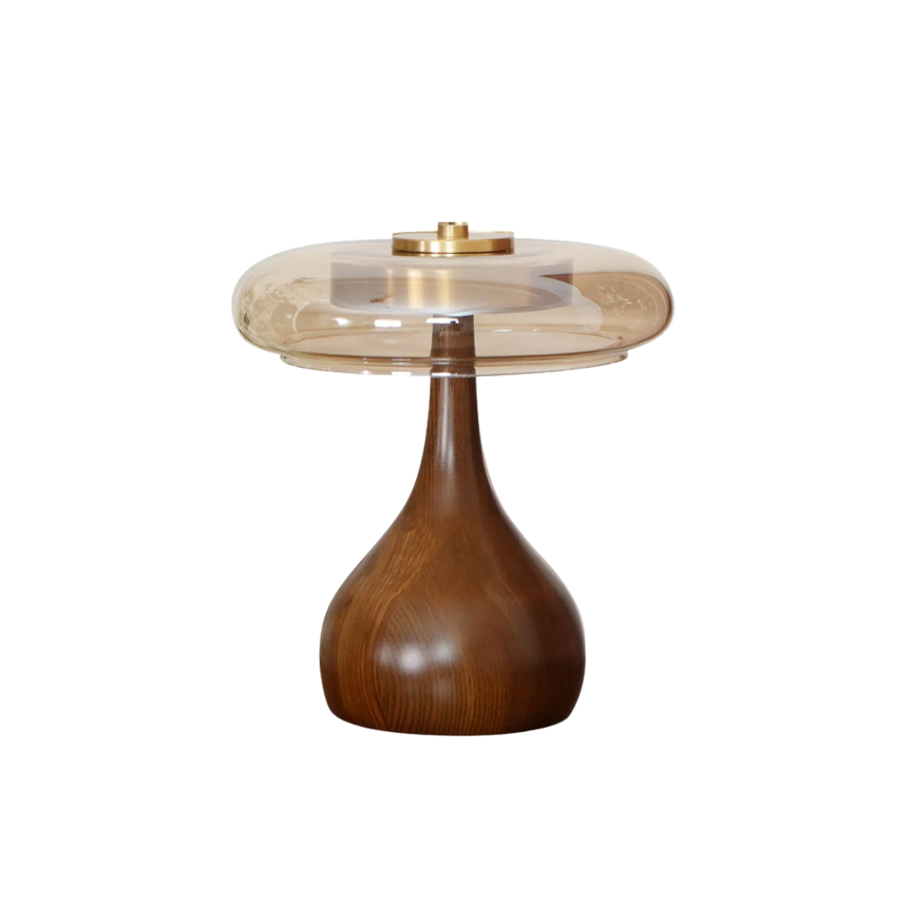 Glas Tischlampe Messing Holz, Nachttischlampe LED modern