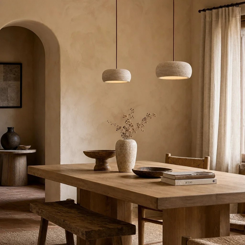 Travertin Pendelleuchte Naturstein, Wabi Sabi Design Höhenverstellbar