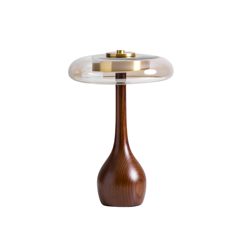 Glas Tischlampe Messing Holz, Nachttischlampe LED modern