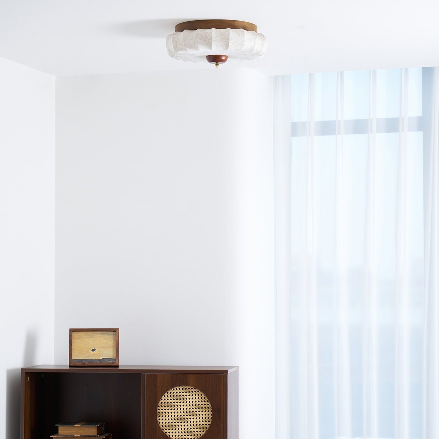 Deckenleuchte Stoff Walnuss Holz, Blumen Motiv Warmweiß 3000K Integriertes LED