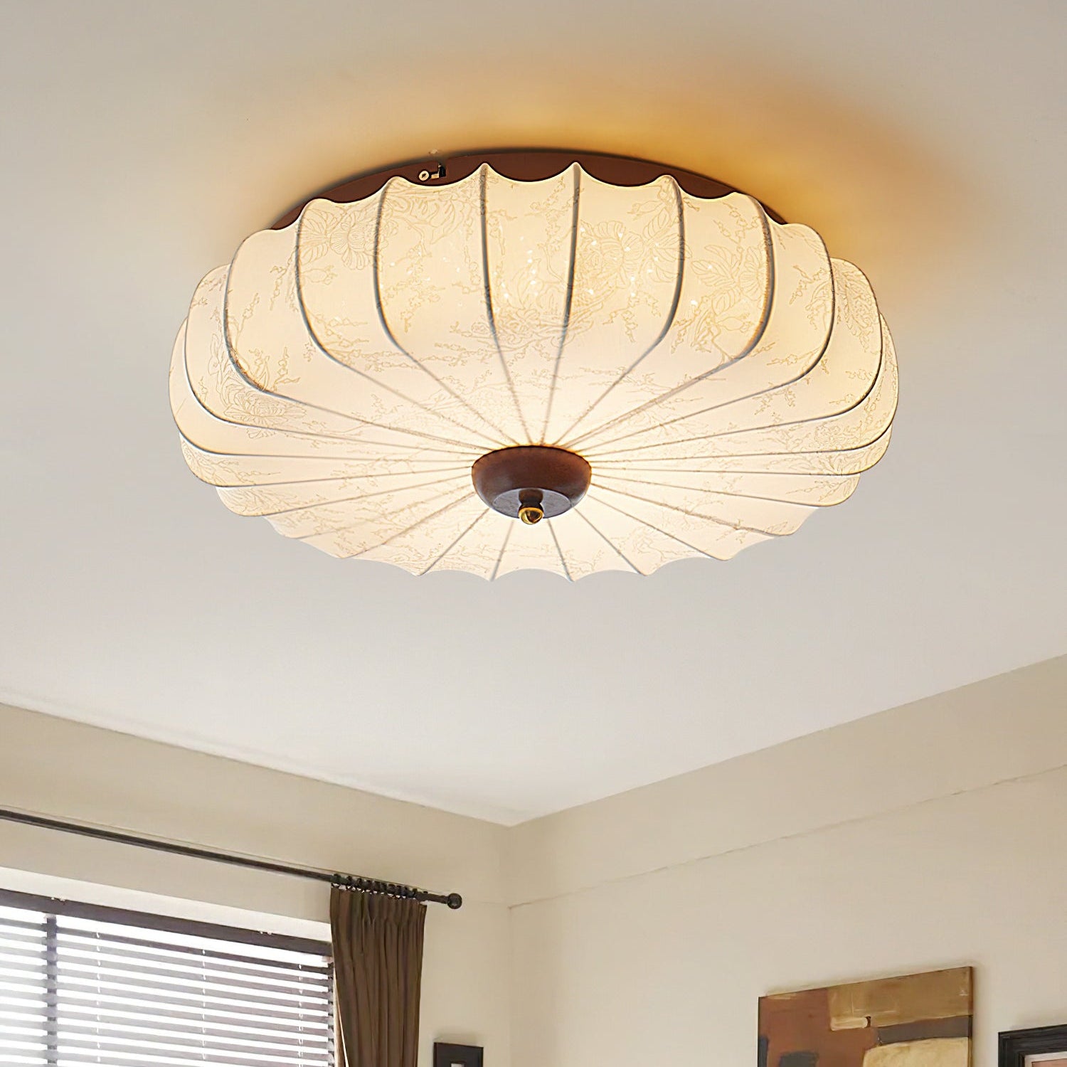 Deckenleuchte Stoff Walnuss Holz, Blumen Motiv Warmweiß 3000K Integriertes LED
