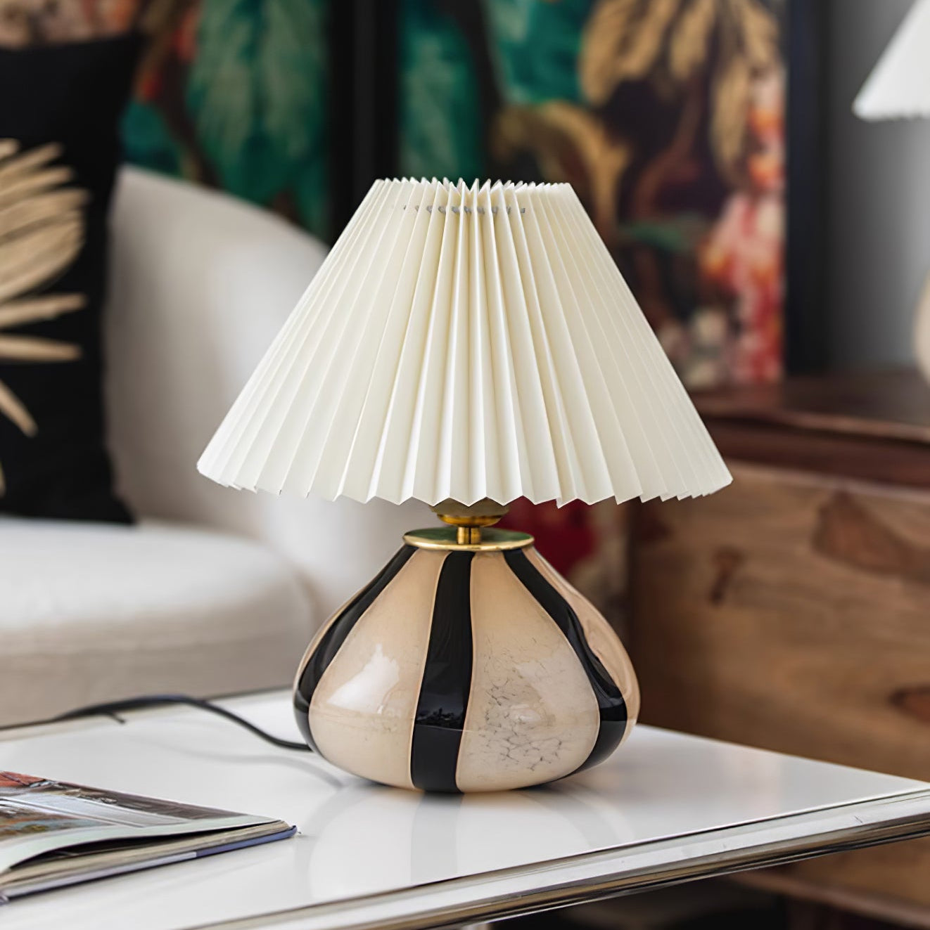 Tischlampe Stoff Plissee, Design Tischleuchte Glas E27