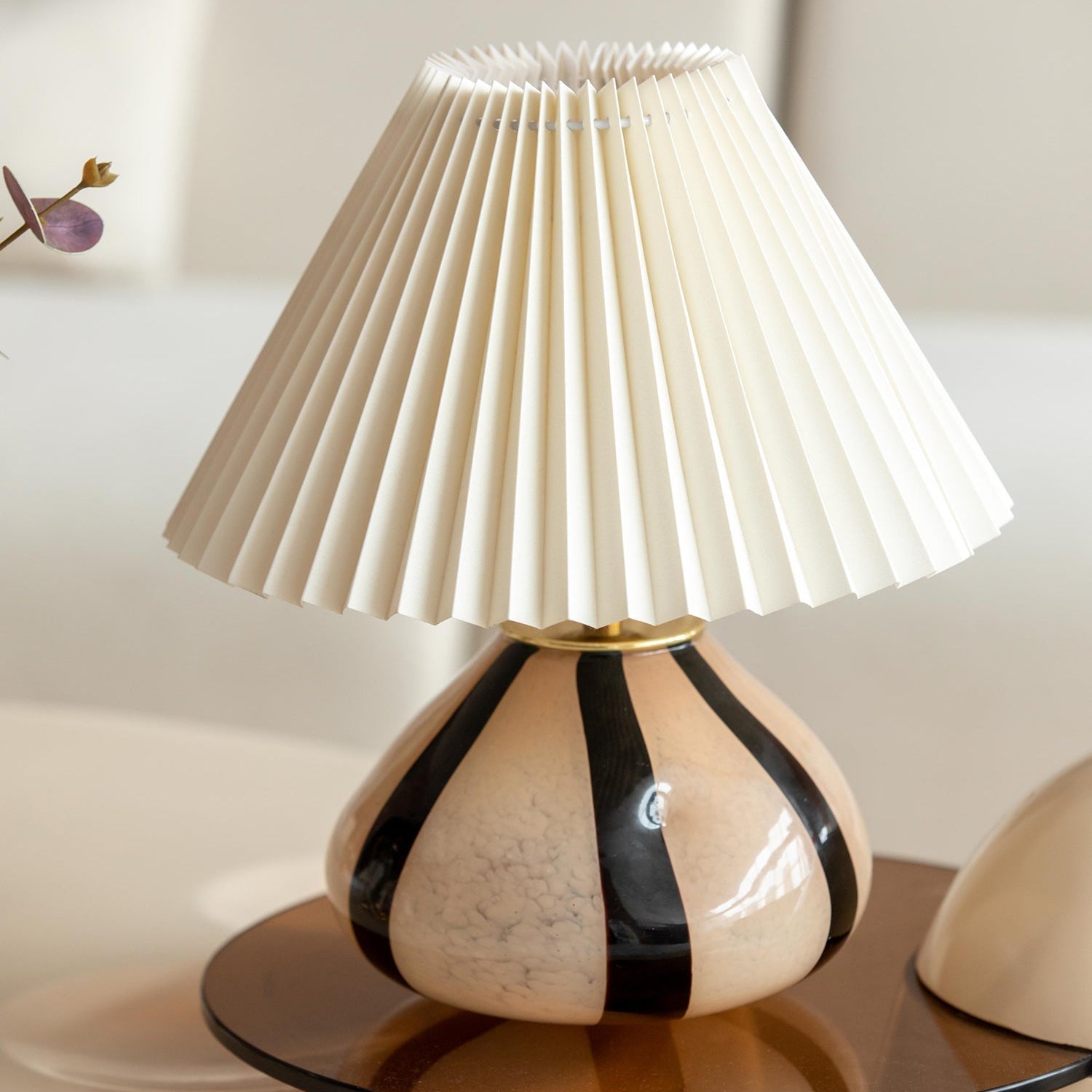 Tischlampe Stoff Plissee, Design Tischleuchte Glas E27