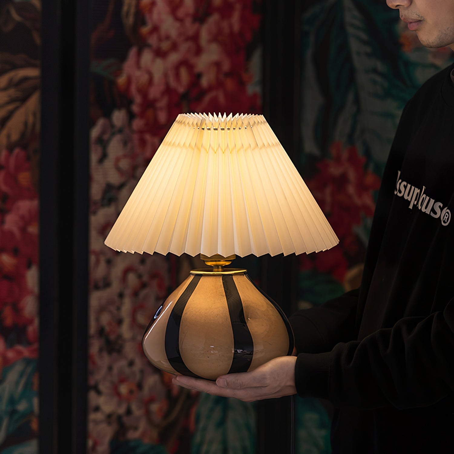Tischlampe Stoff Plissee, Design Tischleuchte Glas E27