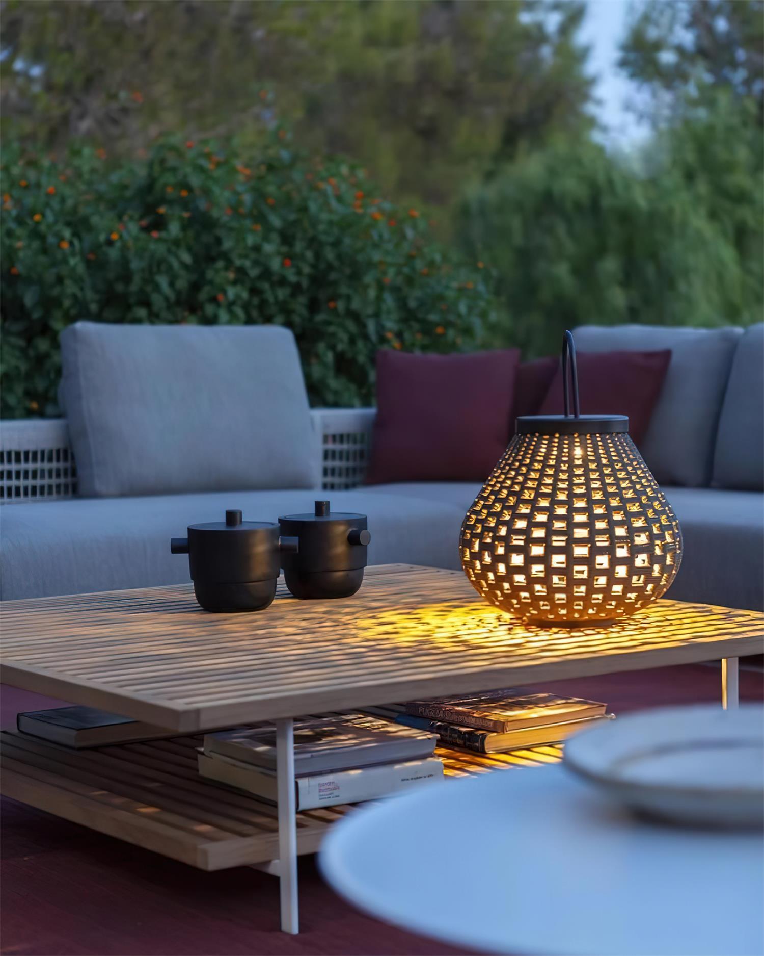 Rattan Gartenleuchte Edelstahl Schwarz, Tropfenform LED Kabellos