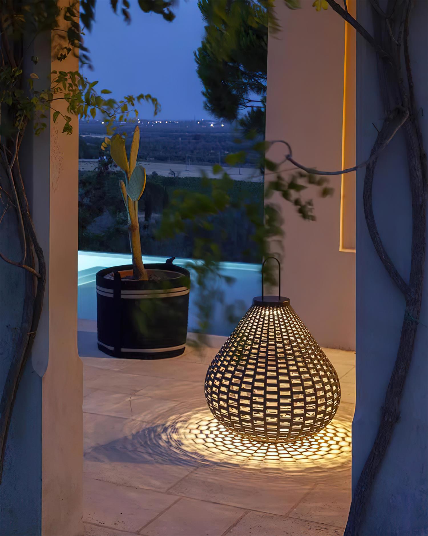 Rattan Gartenleuchte Edelstahl Schwarz, Tropfenform LED Kabellos