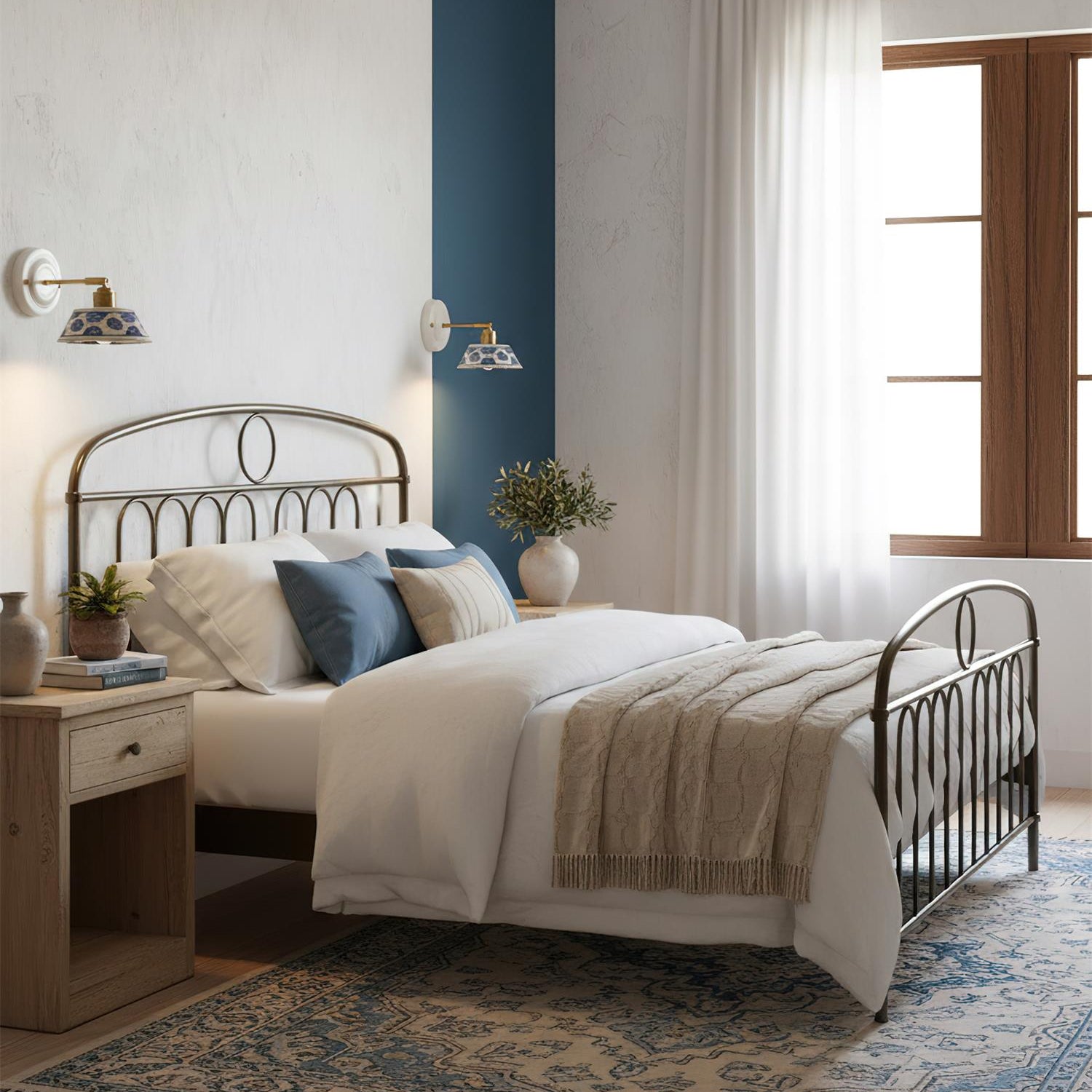 Wandleuchte Keramik Blumen Indigo, Design Wandlampe Messing E27