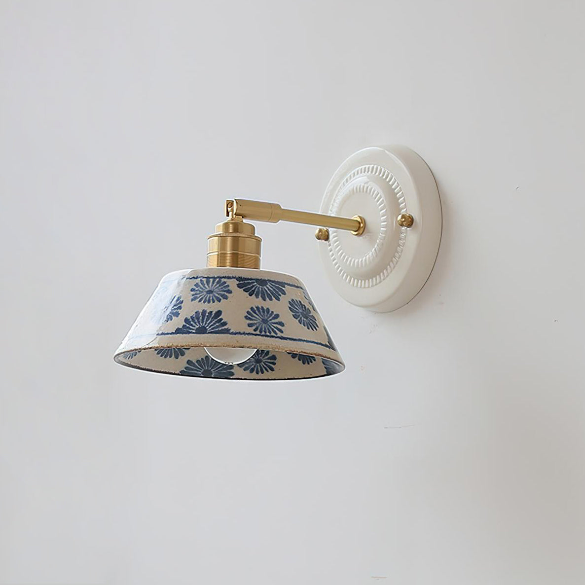 Wandleuchte Keramik Blumen Indigo, Design Wandlampe Messing E27