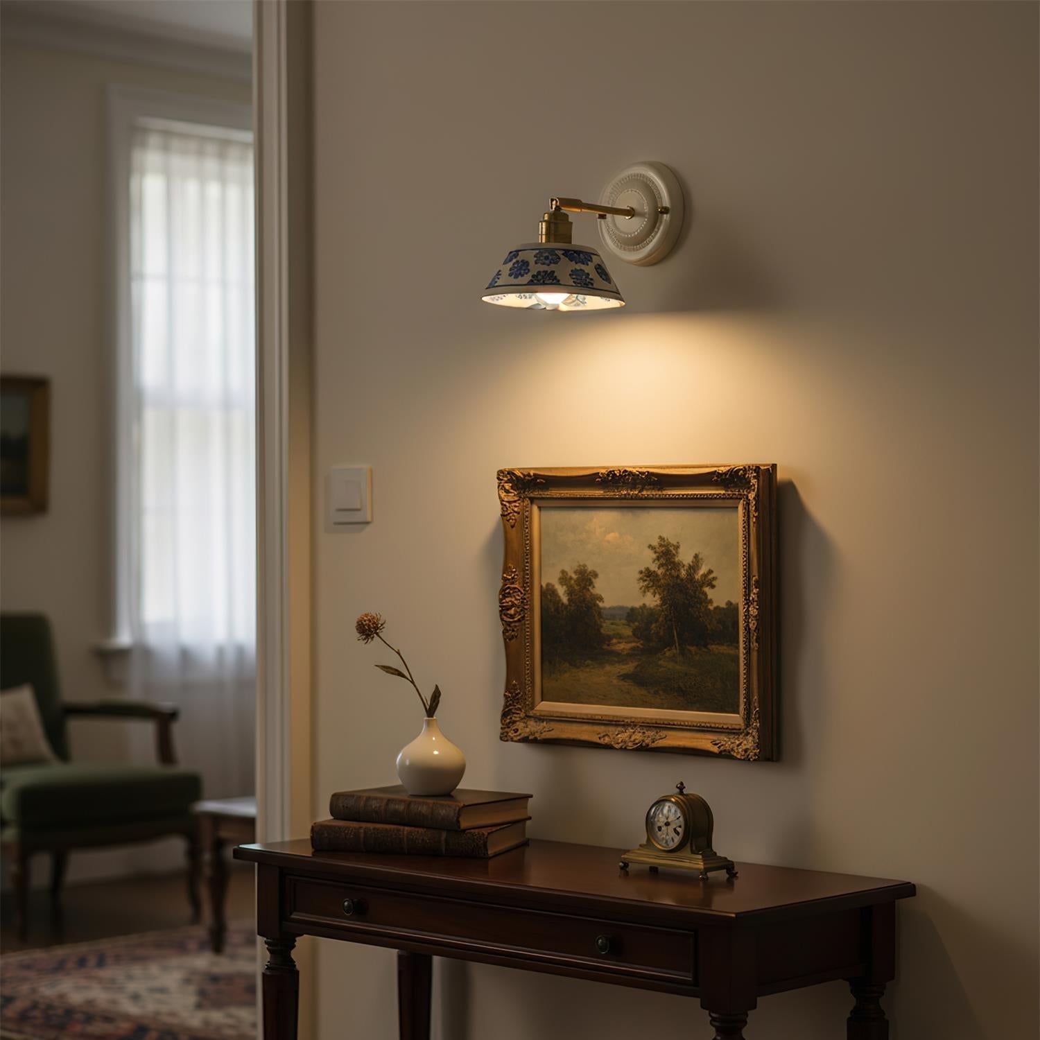 Wandleuchte Keramik Blumen Indigo, Design Wandlampe Messing E27
