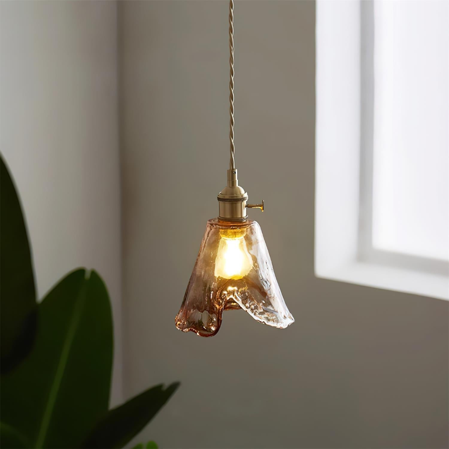 Retro Pendelleuchte Glas Messing, Amber Geriffelt, Vintage Design Dimmbar