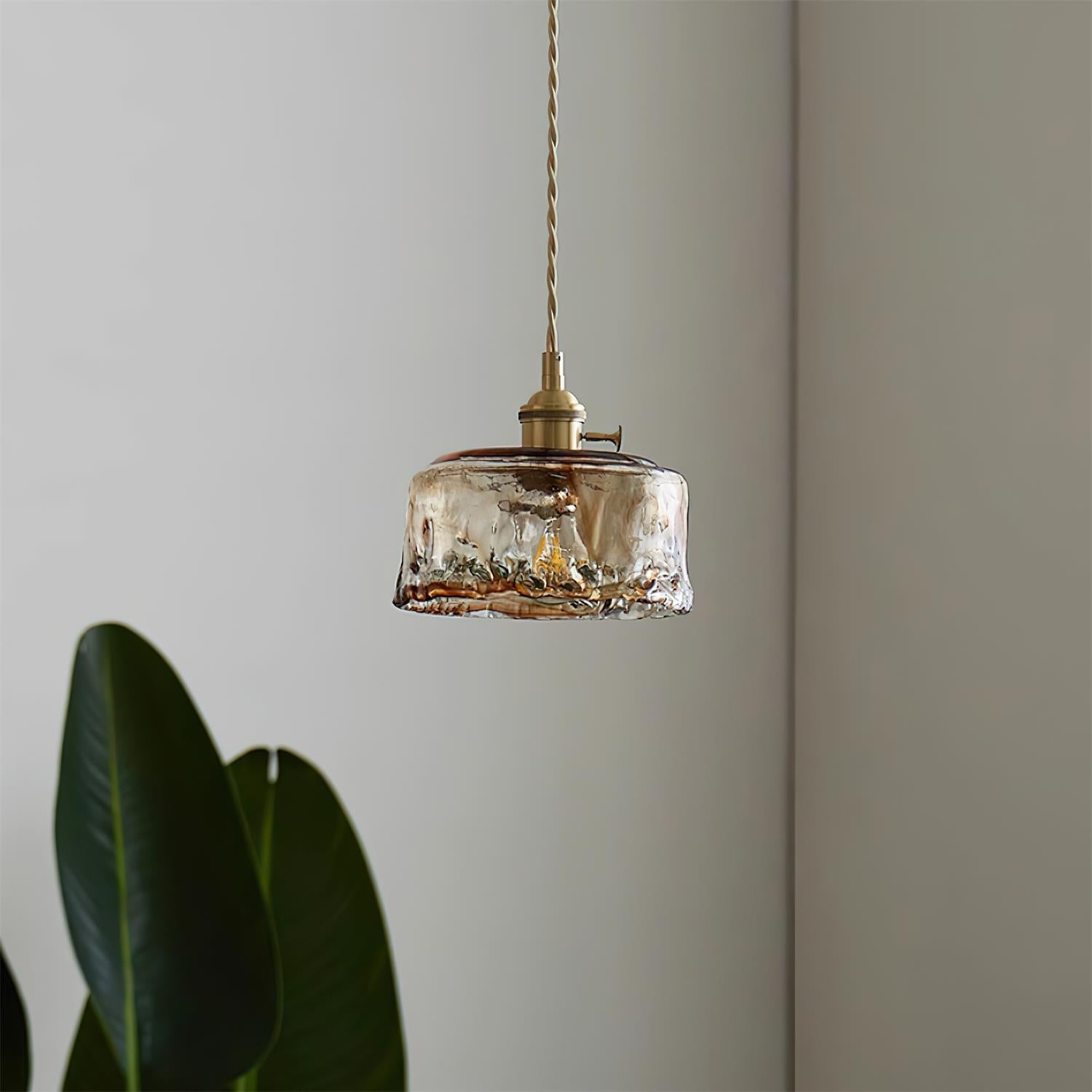 Retro Pendelleuchte Glas Messing, Amber Geriffelt, Vintage Design Dimmbar