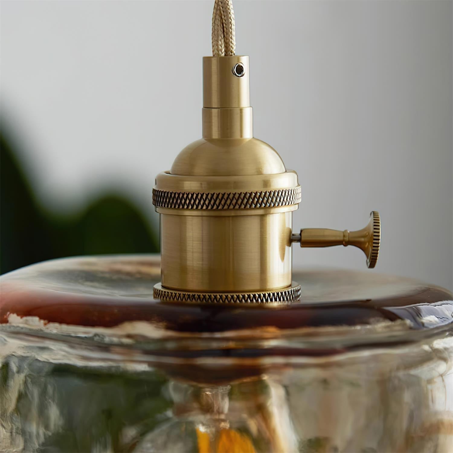 Retro Pendelleuchte Glas Messing, Amber Geriffelt, Vintage Design Dimmbar