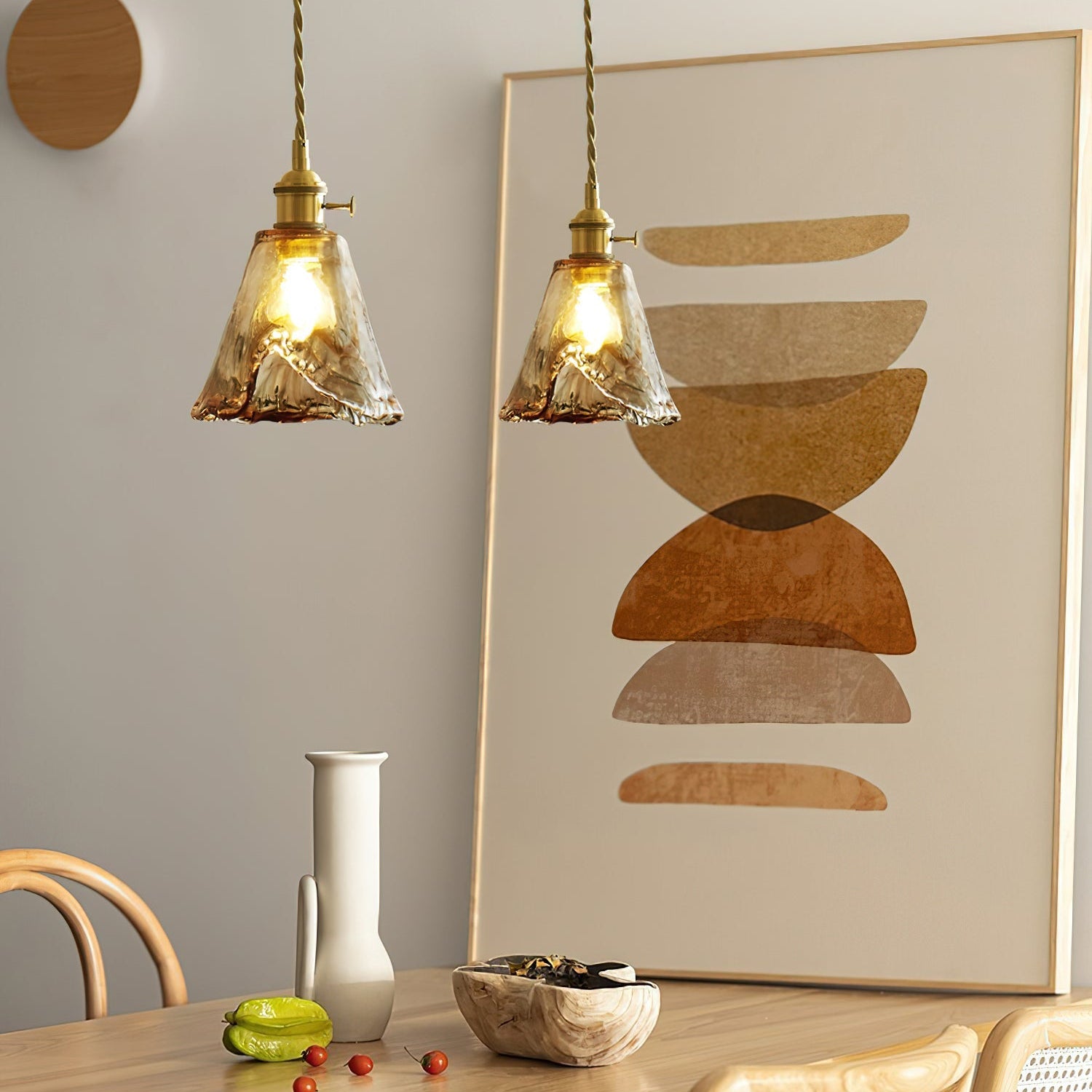 Retro Pendelleuchte Glas Messing, Amber Geriffelt, Vintage Design Dimmbar