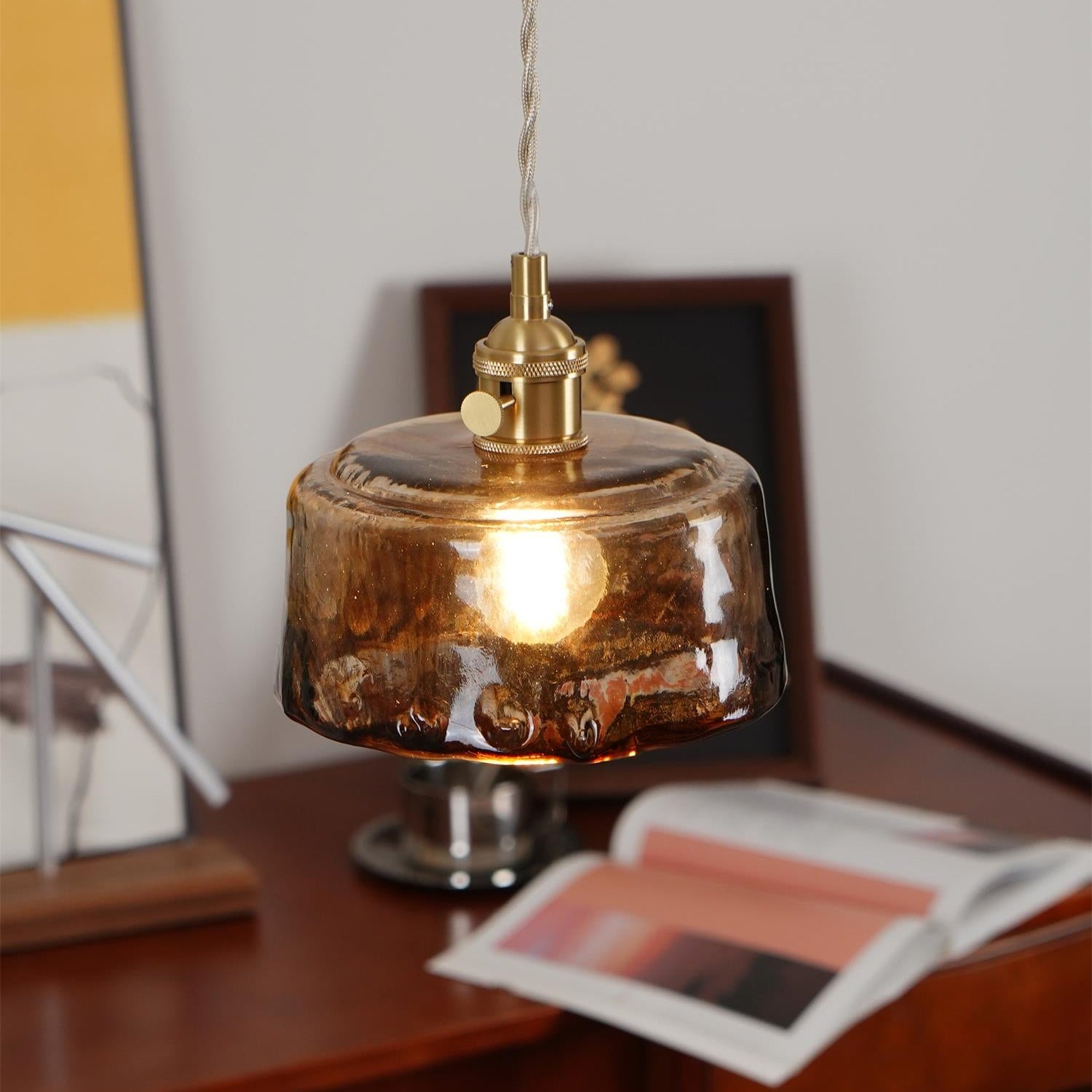 Retro Pendelleuchte Glas Messing, Amber Geriffelt, Vintage Design Dimmbar