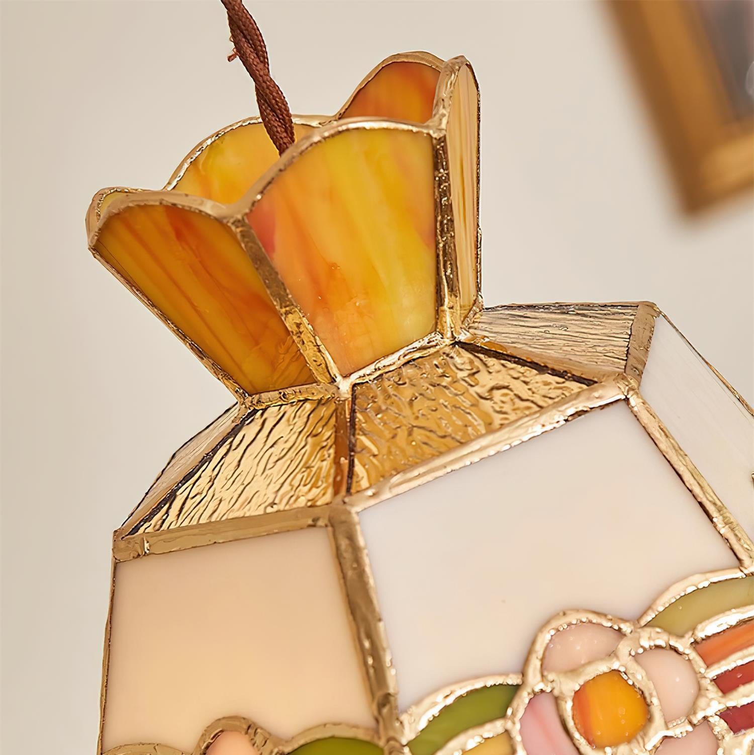 Tiffany Pendelleuchte Buntglas, Vintage Hängeleuchte Messing