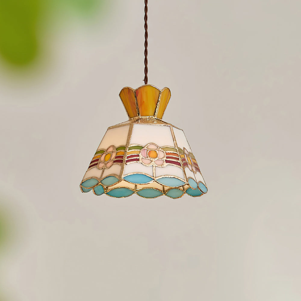 Tiffany Pendelleuchte Buntglas, Vintage Hängeleuchte Messing