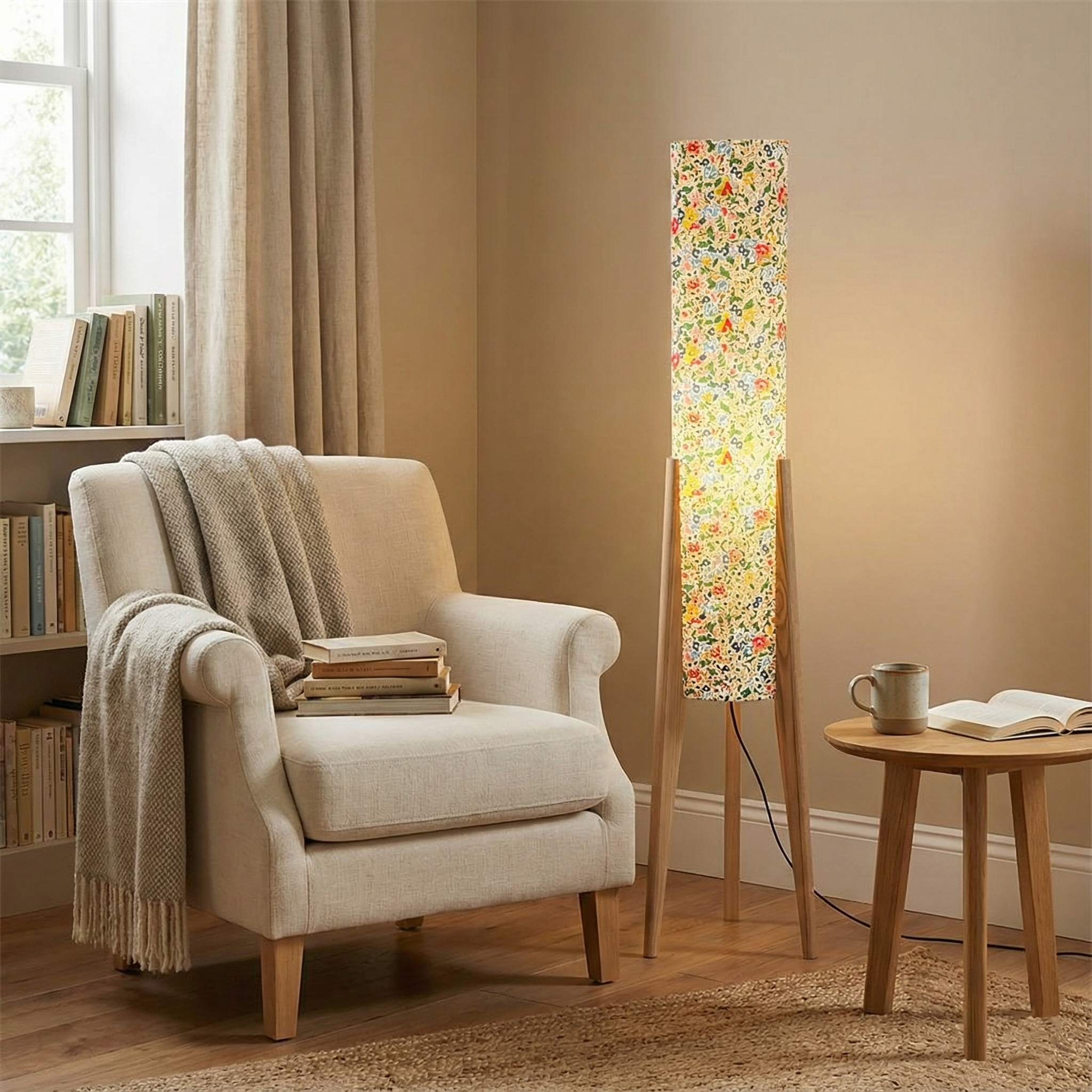 Stehlampe Blumen Stoff Holz Stativ, Design Stehleuchte E27