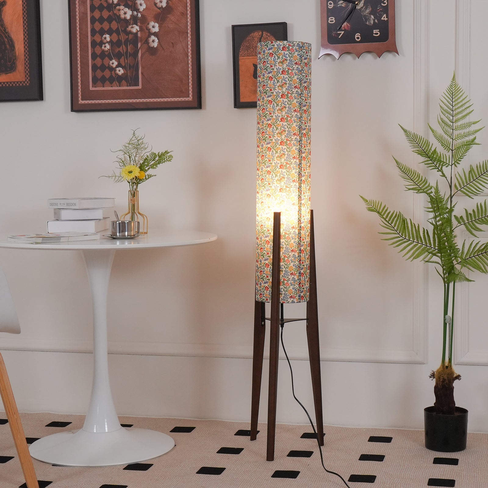 Stehlampe Blumen Stoff Holz Stativ, Design Stehleuchte E27