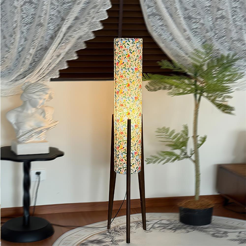Stehlampe Blumen Stoff Holz Stativ, Design Stehleuchte E27