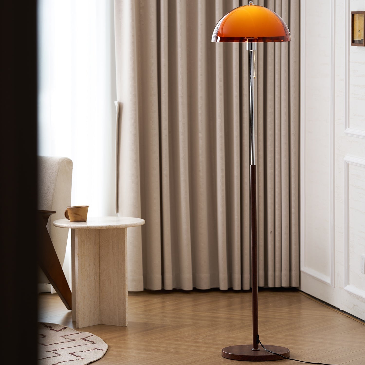 Stehlampe Kugel Amber Holz, Mid Century Design Stehleuchte E27