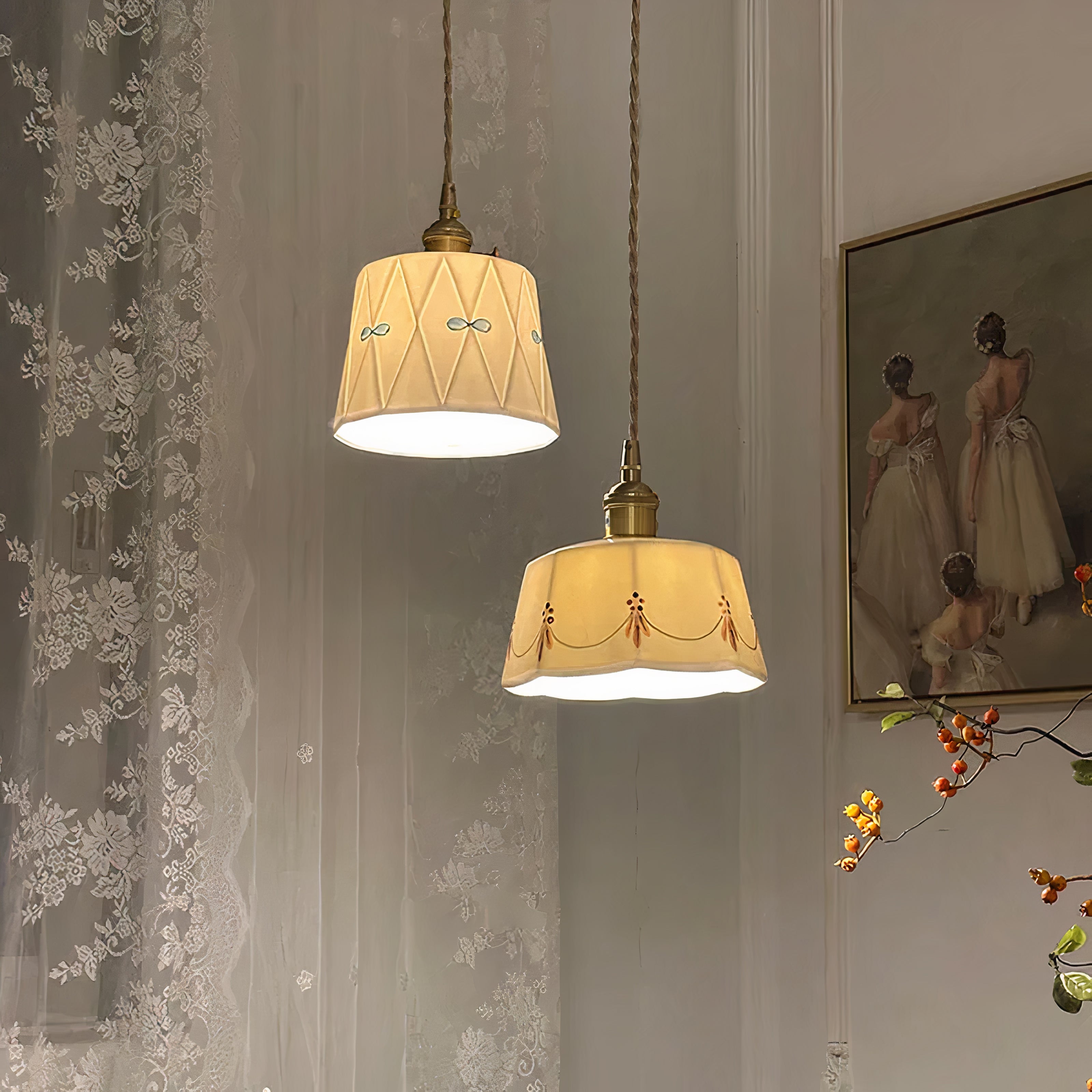 Keramik Hängelampe Weiß, Japanische Pendelleuchte Modern LED