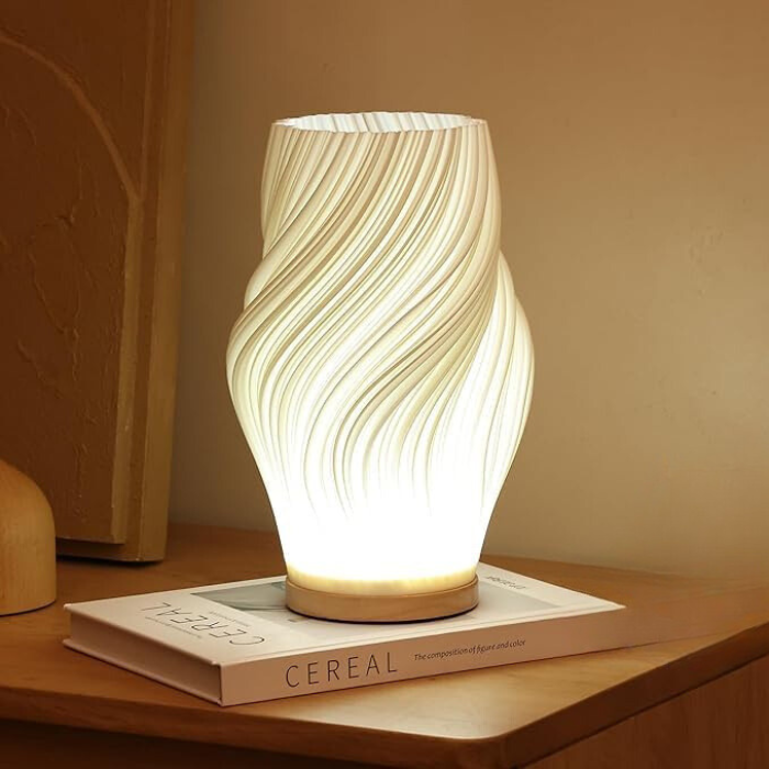 LED Tischlampe Holz – Wellen / Wirbel / Wolken Design, Dimmbar, USB