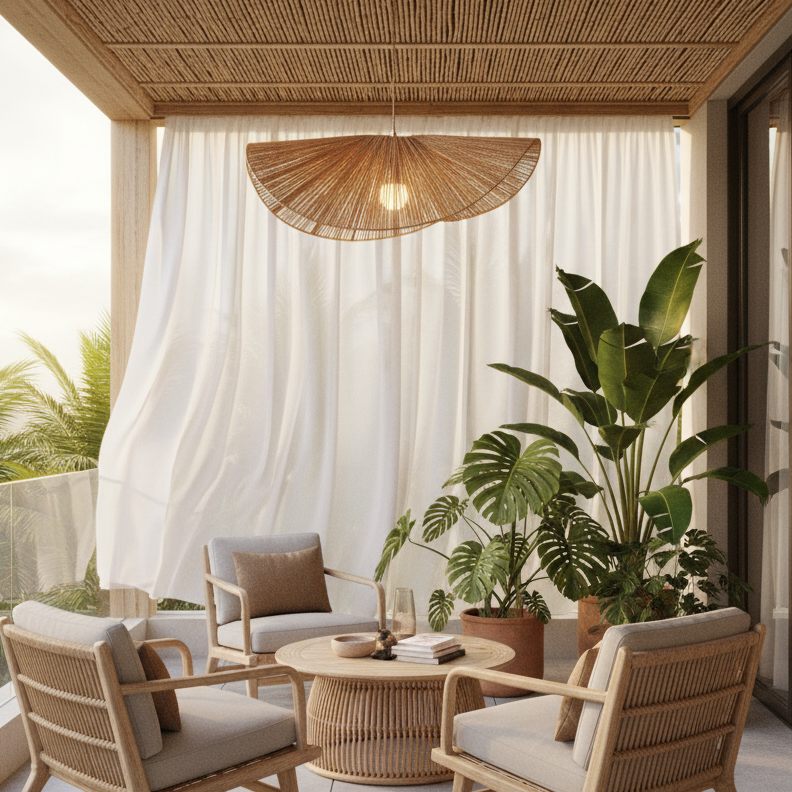 Rattan Pendelleuchte Geflochten, Boho Design mit Hanfseil, Höhenverstellbar E27