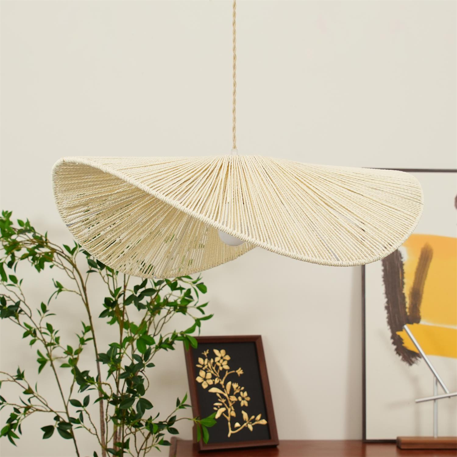Rattan Pendelleuchte Geflochten, Boho Design mit Hanfseil, Höhenverstellbar E27