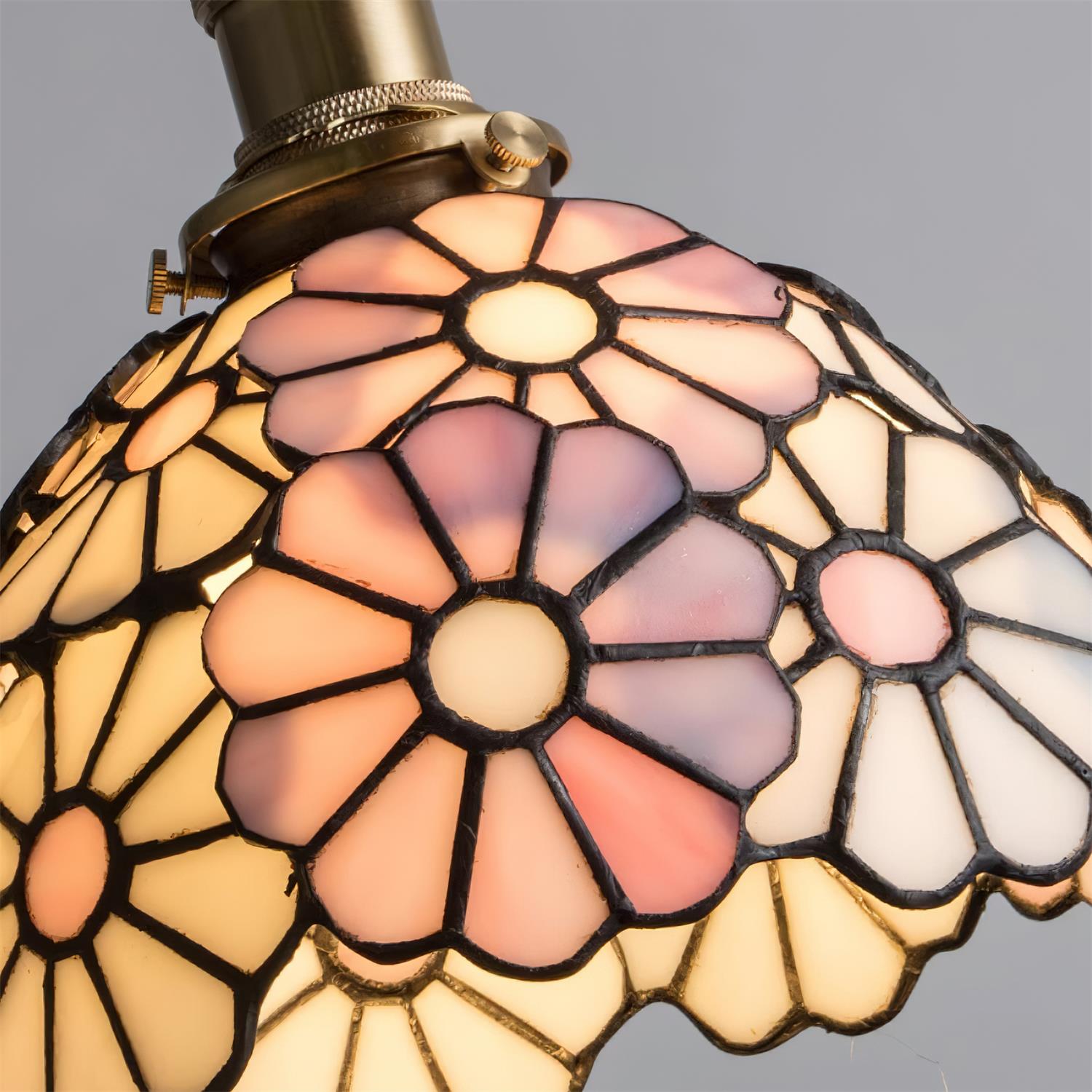 Buntglas Pendelleuchte Blumenform, Handgefertigt aus Messing, Vintage Dimmbar