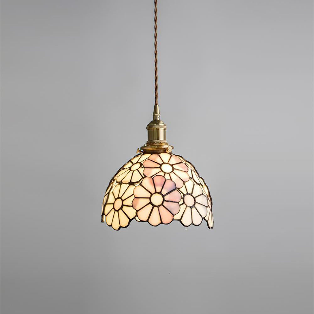 Buntglas Pendelleuchte Blumenform, Handgefertigt aus Messing, Vintage Dimmbar