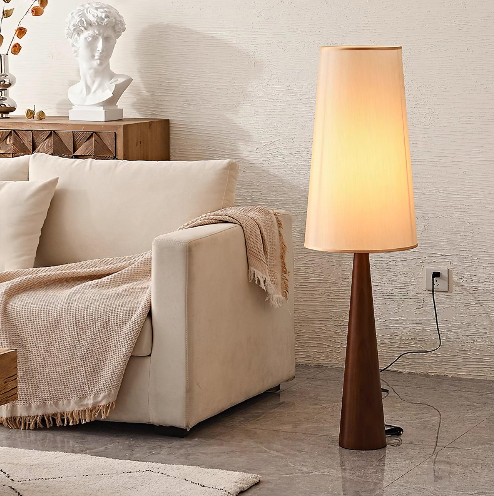 Stehlampe Holz Stoff, Design Stehleuchte Konisch E27