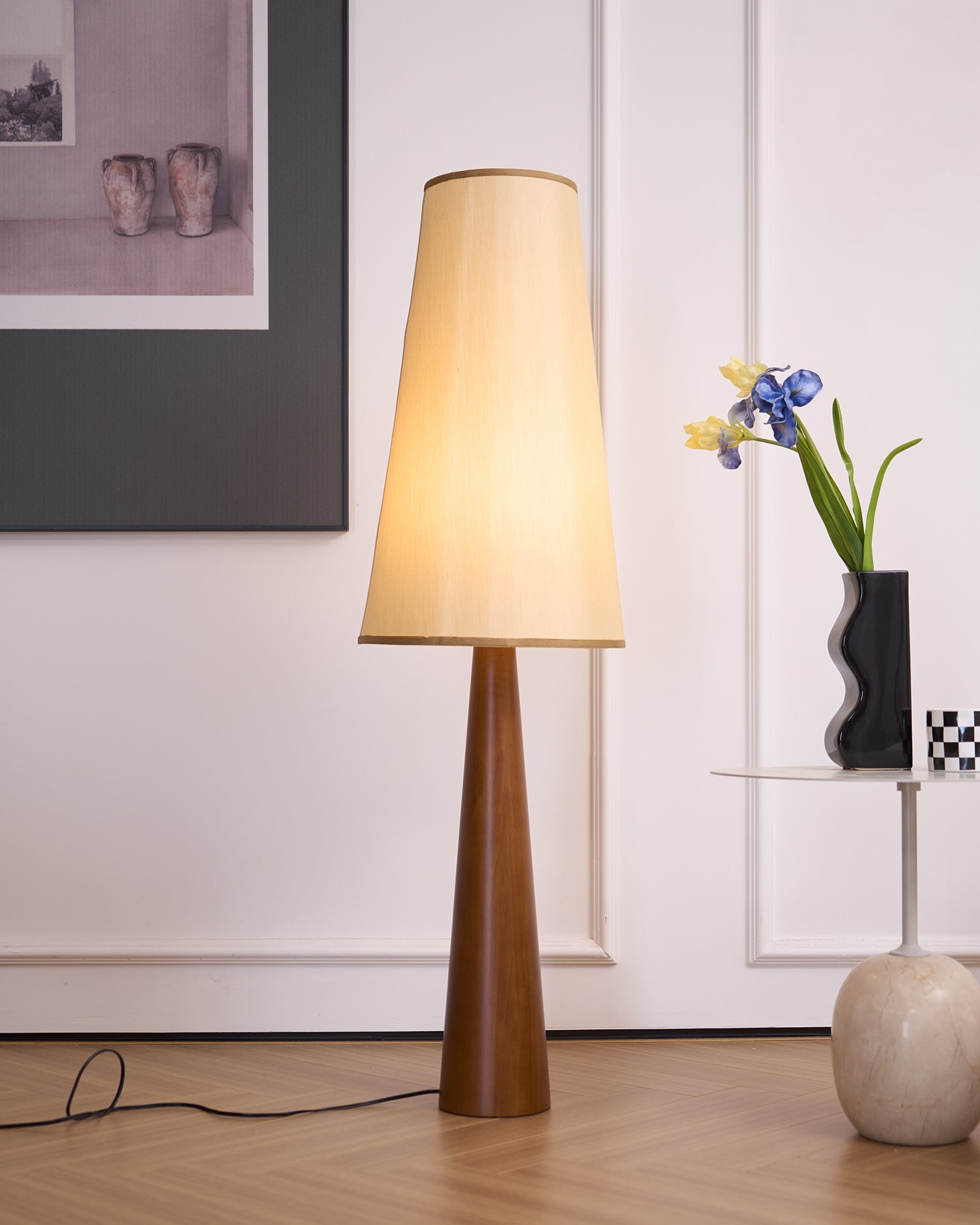 Stehlampe Holz Stoff, Design Stehleuchte Konisch E27