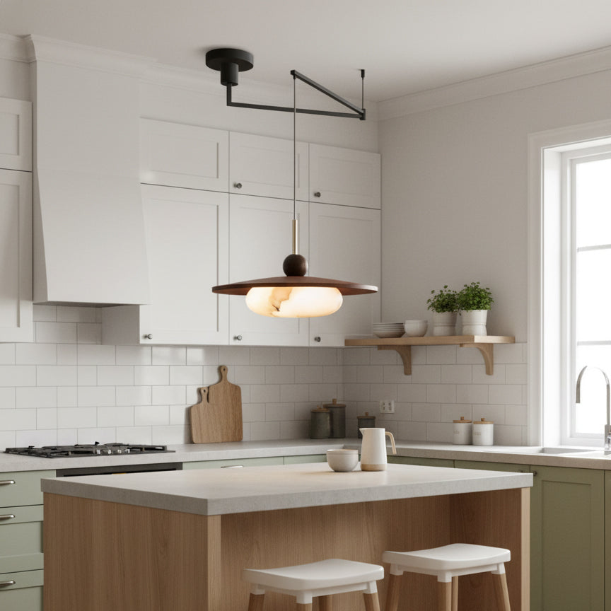 Pendelleuchte Alabaster Holz Schwenkarm, Warmweiß 3000K Modernes Design