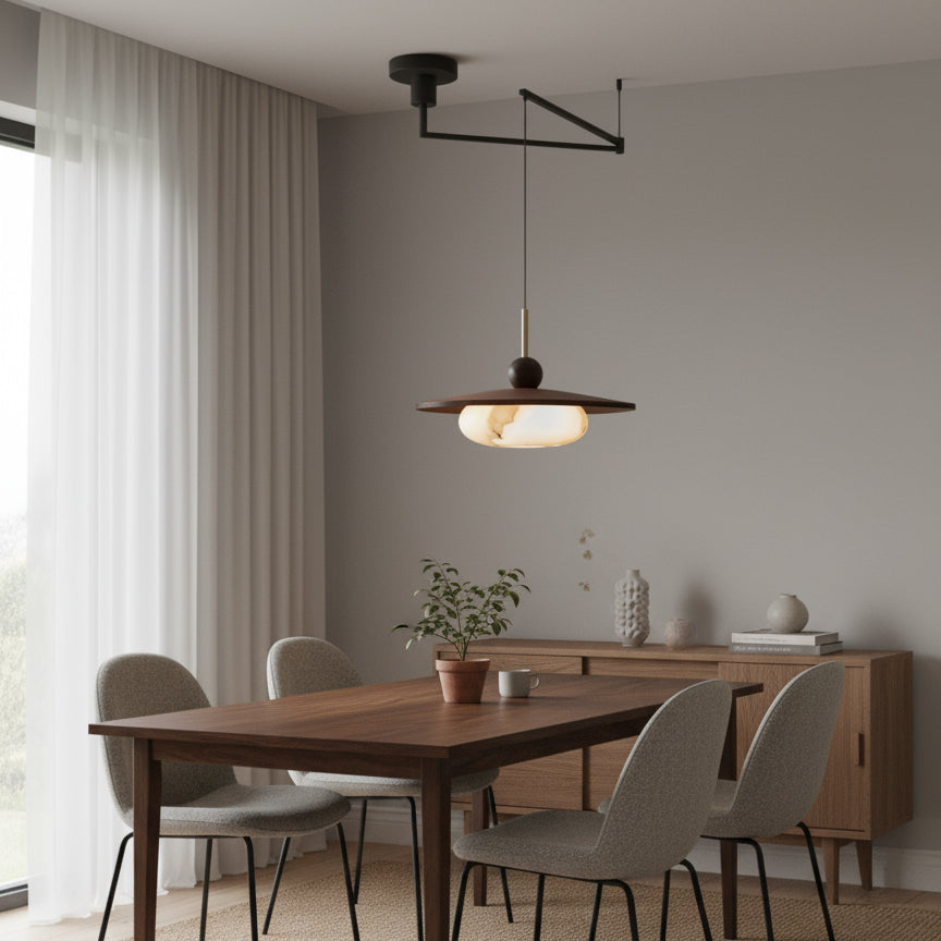 Pendelleuchte Alabaster Holz Schwenkarm, Warmweiß 3000K Modernes Design